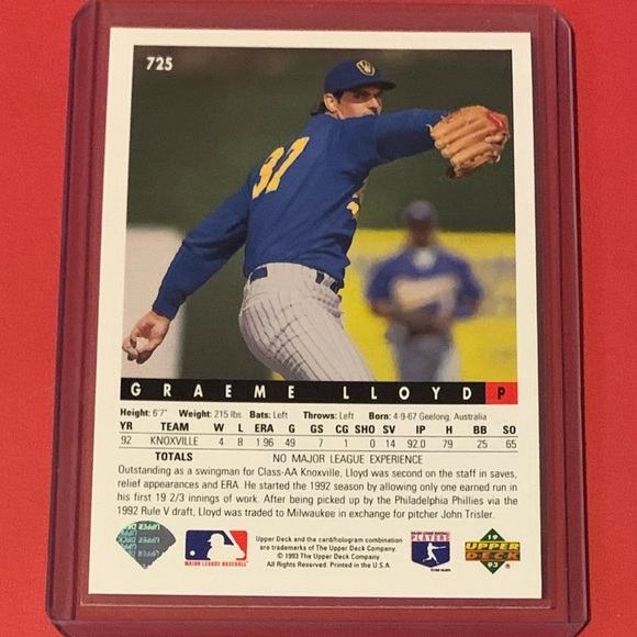 Graeme Lloyd #725 1993 Upper Deck Baseball Trading Card - Picture 2 of 2